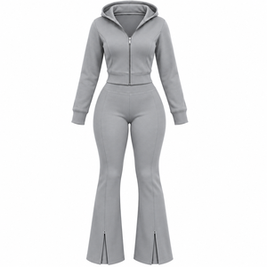 Ensemble de survêtement 2 pièces pour femme : veste courte à capuche zippée et pantalon de survêtement évasé, avec logo personnalisé, vente en gros, vêtements de sport - Product Image 3