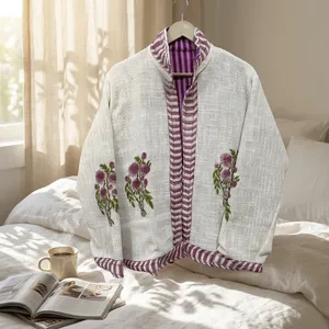 <b>Women</b> <b>White</b> Stand Collar Eco-Friendly Reversible 100% Cotton Floral Hand Block Print Open Front Long Sleeve <b>Jacket</b> - Product Image 4