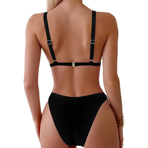 Conjunto de Bikini Negro Sólido, Traje de Baño Minimalista Atemporal, Diseño Recortado de Cintura Alta, Estilo Deportivo Chic para Mujer - Product Image 2