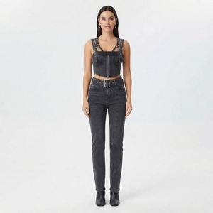 Women <b>Black</b> Denim Two Piece Set <b>Cropped</b> Overall Style <b>Top</b> High Waist Skinny Jeans Streetwear Fashion Outfit - Product Image 1