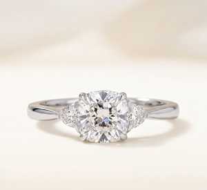 Cushion Cut Lab Grown Diamond Ring <b>Three</b> Stone Trilogy Diamond Ring Art Deco Statement Wedding Ring Gift for Her - Product Image 2