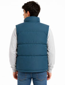 Men’s Padded Hooded Winter Vest Jacket Blue <b>Quilted</b> Sleeveless Puffer Gilet with Multiple Utility Pockets, Snap Button Front - Product Image 3