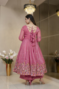 Conjunto de vestido de manga larga bordado con lentejuelas de seda suaves y crujientes, con pantalón palazzo forrado y dupatta a juego GW 6138 - Product Image 6