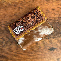 Barat asli desainer tangan Tooled kulit wanita Clutch dompet modis penjualan laris kulit sapi asli dompet tempat kartu ramping