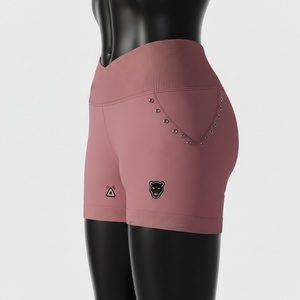 Shorty en tissu extensible doux 230 GSM en poly-spandex rose poudré, taille croisée côtelée, logo personnalisé. - Product Image 3