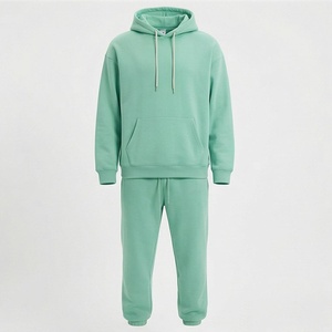 Unisex <b>Mint</b> <b>Green</b> Hooded Tracksuit Full Length Solid Color Casual Sweatshirt and Pants Set Breathable 100% Cotton Autumn Wear - Product Image 1
