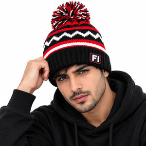 Bonnet unisexe haut de gamme en tricot à motif avec pompon, logo en caoutchouc personnalisé, bonnet d'hiver chaud à revers plié, chapeau tendance, fournisseur B2B en gros aux États-Unis - Product Image 3