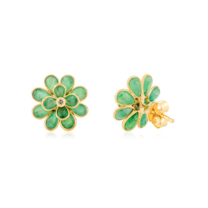 Boucles d'oreilles en forme de fleur éclose en émeraude et diamant 100% naturels, pierres précieuses, pour femme, en or jaune véritable 18 carats - Product Image 5