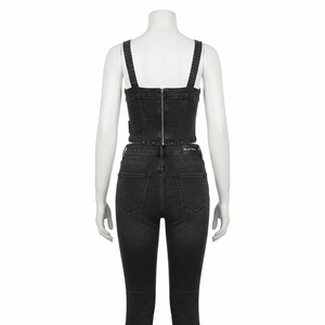 Ensemble corset en jean noir et jean skinny pour femme, fermeture éclair sur le devant, tenue décontractée deux pièces, style streetwear assorti - Product Image 4
