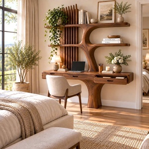 Bureau mural contemporain en bois Luxali avec étagères en forme d'arbre et tiroir pour bureau à domicile - Product Image 1