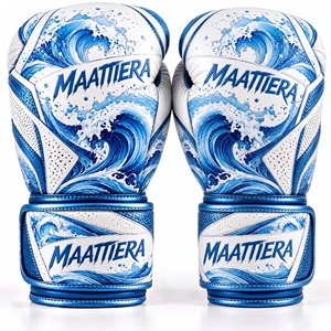 ถุงมือฝึกซ้อมมวยสีขาวน้ำเงินแบบกำหนดเอง ลายคลื่นทะเล พร้อมแผ่นรองข้อมือแบบมีโครงสร้าง แผ่นผิวสัมผัสพิเศษ ผู้ผลิตขายส่งแบบ OEM - Product Image 1