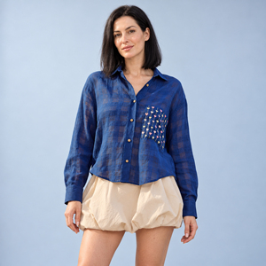 Camisa de Lino a Cuadros Transparente para Mujer, Manga Larga, Bolsillo Bordado, Blusa Holgada Estilo Boyfriend - Product Image 1