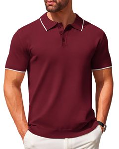 Polo de Manga Corta Color Granate para Hombre, Tejido de Algodón, Diseño Casual y Transpirable con Ribete Blanco en Cuello y Puños - Product Image 1