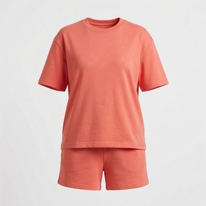 Women's 2 Piece Solid Coral <b>Knitted</b> Short Sleeve T Shirt and Above Knee Shorts <b>Set</b> Crew Neck Loose Fit Casual Spring Summer Wear - Product Image 1
