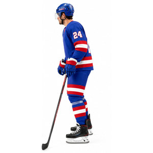 Ensemble de maillot de hockey sur glace pour homme, bleu, rouge, blanc, rayé, sublimé, manches longues, évacuation de l'humidité, coupe régulière, uniforme adulte - Product Image 4
