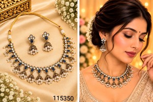 Parure de collier Kundan artisanale en pierre taille poire, design plaqué or antique, avec pendentifs Jhumki et grappes de perles tombantes - Product Image 4