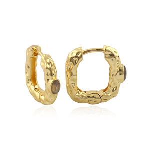 Classic rose cut oval multi gemstone Bezel Set hammered texture hoop earrings 18k gold plated brass handmade jewelry For Women - Product Image 2