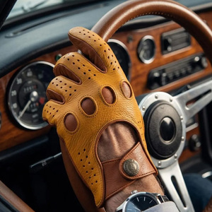 Gants de conduite unisexes en cuir véritable perforé, confortables, coupe-vent, à doigts entiers, à enfiler, pour l'été - Product Image 6