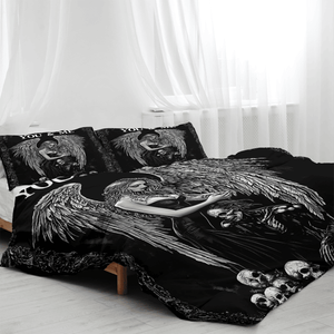 Black Skull and Mysterious Angel Duvet Cover <b>Set</b> 3-Piece Nighttime Themed <b>Comforter</b> with 2 Pillows Ugly Demon Bedding - Product Image 5