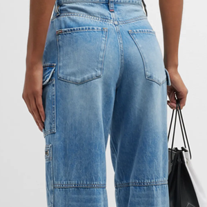 Pantalon cargo en jean délavé taille haute coupe ample pour femme, style décontracté, longueur intégrale avec plusieurs poches et braguette boutonnée - Product Image 4
