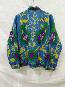 Veste bleue à col mandarin brodée, manches longues, broderie florale à la main, en coton, pour femme, longueur normale, printemps - Product Image 2
