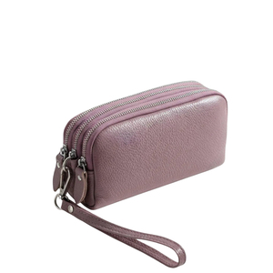 Women's Genuine Leather <b>Zipper</b> <b>Wallet</b> Short Multifunctional Minimalist Daily Use Pink Color with Wrist Strap - Product Image 1