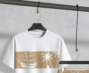 T-shirt d'été pour homme, blanc, imprimé voilier et palmiers, col rond, décontracté, respirant, tricoté, 100% coton, impression numérique, logo frontal - Product Image 5