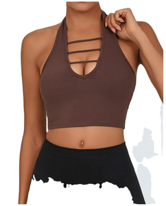 Débardeur de yoga et fitness à dos ouvert et col montant, soutien-gorge de sport rembourré couleur chair pour le Pilates, la course et l'entraînement, respirant avec logo frontal - Product Image 6