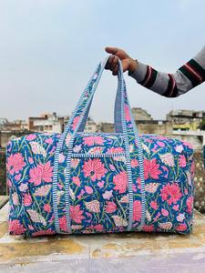 Handmade Floral Print Duffel <b>Bag</b> Blue Pink Cotton Quilted Weekender Travel <b>Bag</b> <b>Large</b> Capacity Zipper Closure - Product Image 1