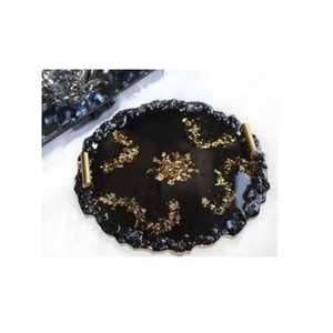 Plateau de service de luxe en résine blanche géode avec centre en cristal écrasé et incrustation de feuille d'or, élégant plateau de style agate avec poignées - Product Image 6