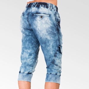 Shorts en jean déchirés 100 % coton grande taille pour hommes avec cordon de serrage, logo personnalisé, ourlet brut, coupe ample, jorts délavés - Product Image 2