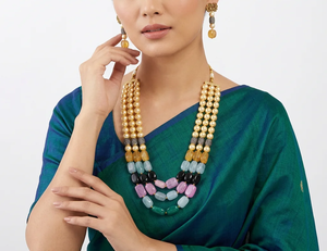 Collier de luxe à trois rangs de perles et de pierres précieuses multicolores, plaqué or, fait main, bijoux statement pour femmes - Product Image 1