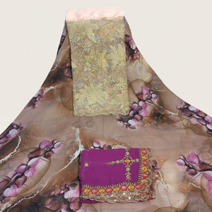 Tela de Lujo Color Naranja Óxido con Estampado Floral Suizo Dirac y Panel Bordado en Oro para Vestidos de Boda Somalíes - Product Image 5