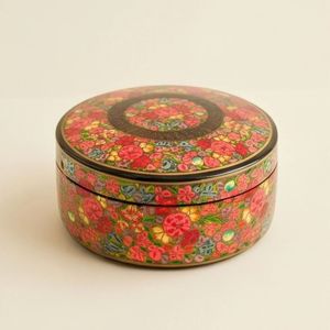 Premium Handcrafted Round Paper Mache Keepsake <b>Box</b> Crimson Floral Tapestry Traditional Kashmiri Indian Artisan <b>Gift</b> - Product Image 3