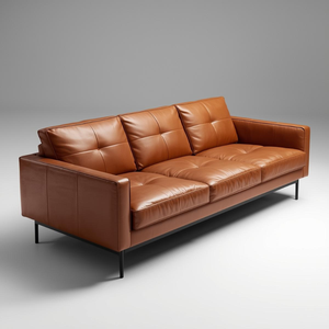 Sofá de 3 Plazas de Estilo Moderno de Mediados de Siglo para Sala de Estar, Tapizado en Cuero Vacuno Genuino Marrón con Líneas Limpias para Muebles de Sala - Product Image 1