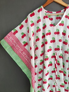 Bohemian Sweet <b>Cherry</b> Bloom Print Kaftan <b>Dress</b> V-Neck Women’s Relaxed Fit Vacation Cotton Maxi Outfit - Product Image 4