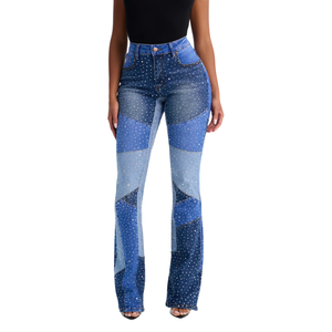 Womens Breathable Patchwork Denim Jeans Rhinestone <b>Studded</b> Straight Leg Mid Waist Casual Light Fashion Trendy Streetwear Modern - Product Image 1