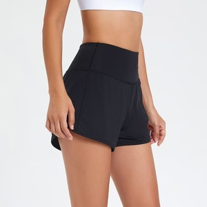 High Waist Light <b>Blue</b> Knitted Sport <b>Shorts</b> With Ruffles Breathable Elastic Waist <b>Women's</b> Fitness Wear - Product Image 3