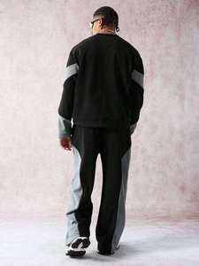 Ensemble survêtement homme 2 pièces noir et gris à blocs de couleur, sweat-shirt col rond et pantalon de survêtement large - Product Image 2