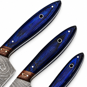 Ensemble de 3 couteaux de cuisine à motif Damas avec manches en bois bleu royal et lames argentées pour le chef, la découpe et la préparation des aliments - Product Image 2