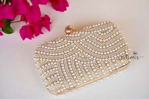 Elegant Jewelry Style <b>Beaded</b> Embroidery <b>Gold</b> White Clutch BOHO Hand Bag With High Quality Handcraft Design And Luxury For Girl - Product Image 2