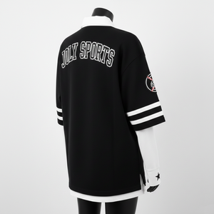 Maillot de rugby pour femme en coton et polyester de qualité supérieure, double couche, manches noires, empiècements rayés, logo brodé, maillot de rugby pour femme en coton - Product Image 5