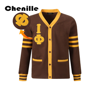 เสื้อคาร์ดิแกนคอวีสีน้ำตาลสำหรับผู้หญิงและผู้ชาย แบรนด์ OEM Custom Fraternity Iota Phi IPT  ถักนิตติ้งสำหรับฤดูใบไม้ร่วง  ทำจากขนแกะเมอริโนเนื้อละเอียดพิเศษ สวมใส่สบาย - Product Image 1