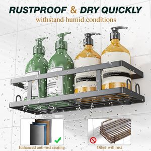 Étagères de salle de bain noires antirouille adhésives en 3 parties avec 12 crochets, porte-savon, organisateur de rangement, pas de perçage requis - Product Image 3
