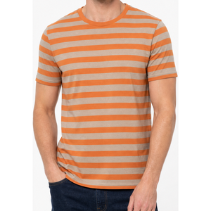 Camiseta de hombre a rayas bicolor naranja y beige al por mayor, con logo personalizado, transpirable, informal, de verano, con estampado de moda. - Product Image 1
