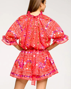 Holiday Look Style <b>Red</b> Cotton Mini Dress Natural Waist Breathable Featured Embroideries <b>Sequins</b> Stand Collar - Product Image 3