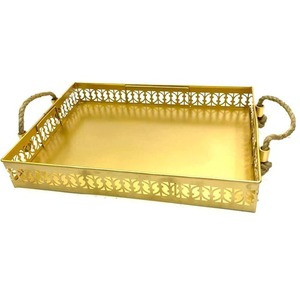 Bandeja Decorativa de Latón con Diseño Floral, Asas de Cuerda, Color Natural, Rectangular, Diseño Moderno, para Mesa de Comedor, Ramadán, Bodas, Diwali - Product Image 3