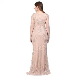 Robe de soirée sirène de luxe rose nude perlée à manches longues, illusion transparente, décolleté plongeant, pour femme - Product Image 2