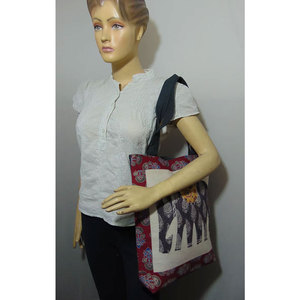 Sac fourre-tout en toile ethnique de haute qualité pour femme avec patch éléphant, grande capacité, compartiment zippé, motif imprimé en bloc, doublure en coton - Product Image 2