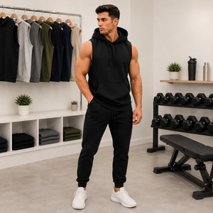 Sweat-shirt à capuche sans manches pour homme, noir, en polaire, décontracté, pour la salle de sport, avec poche, coupe classique, style automne - Product Image 2